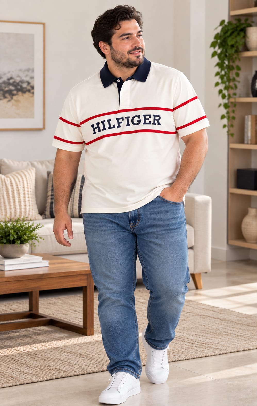 Playera para Hombre Blanca con Cuello Azul Marino Tommy Hilfiger