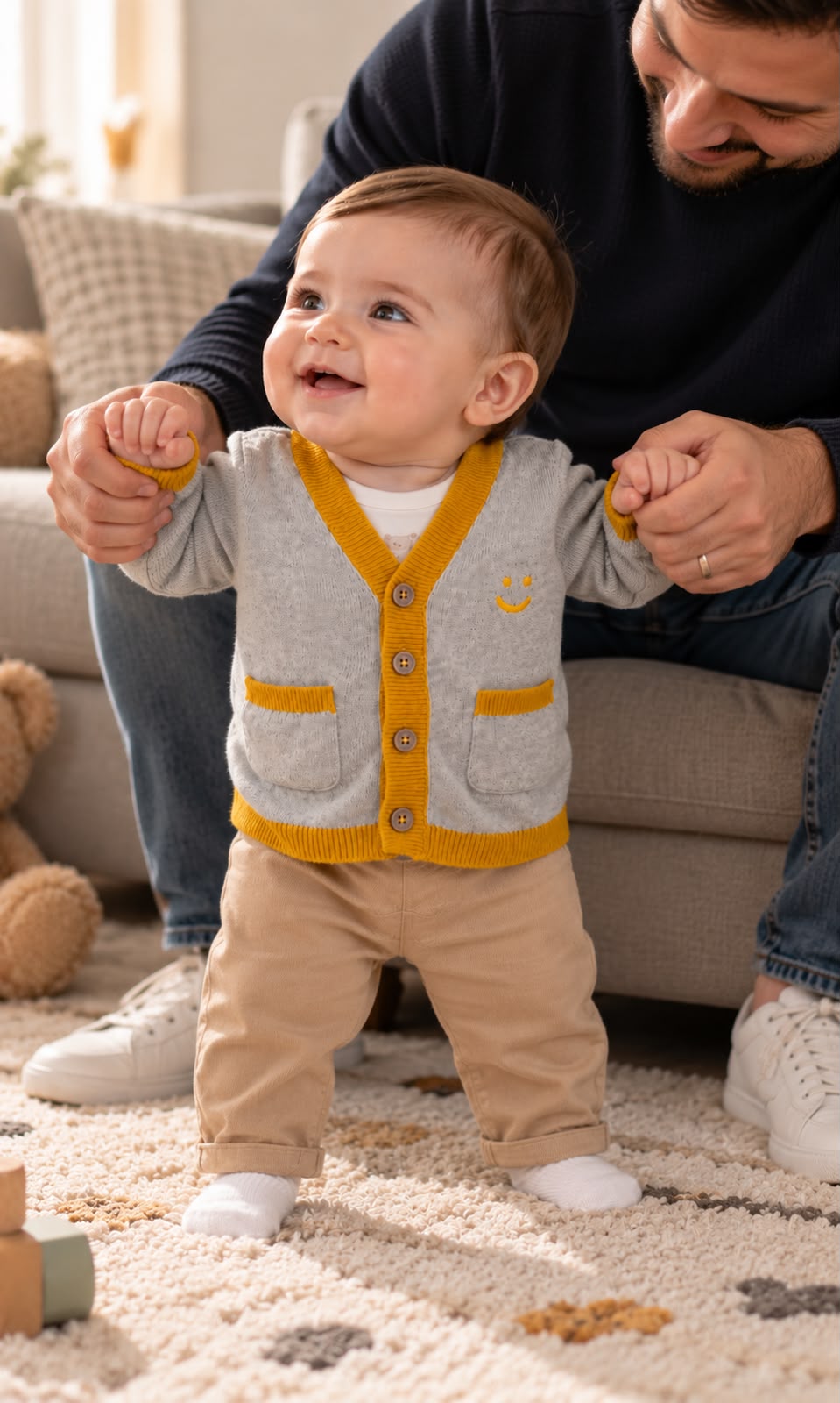 Suéter tipo cárdigan First Impressions para bebé 6-9 meses gris con amarillo