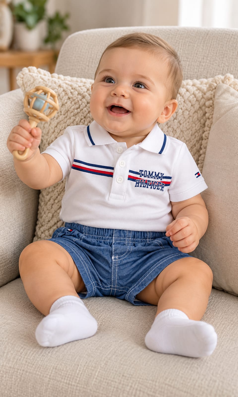 Conjunto Tommy Hilfiger de pañalero y short para bebé 6-9 meses color blanco y azul
