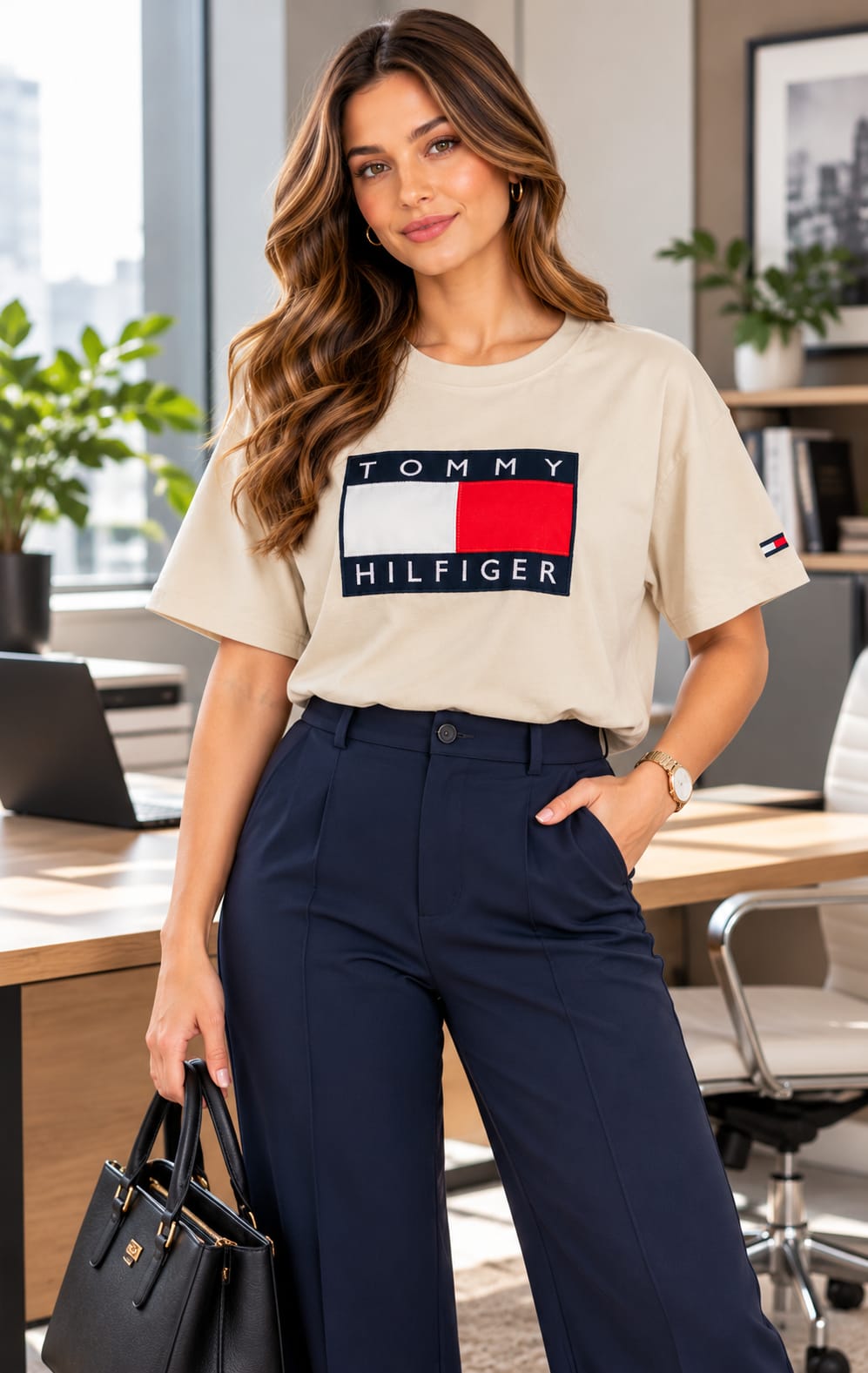 Playera para Mujer Beige Amplia Cuello Redondo Tommy Hilfiger