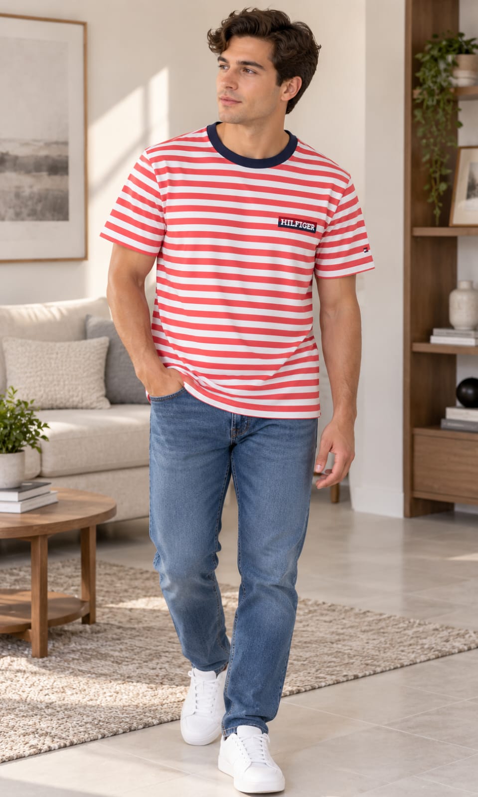 Playera de Hombre a Rayas Coral y Blanco Tommy Hilfiger