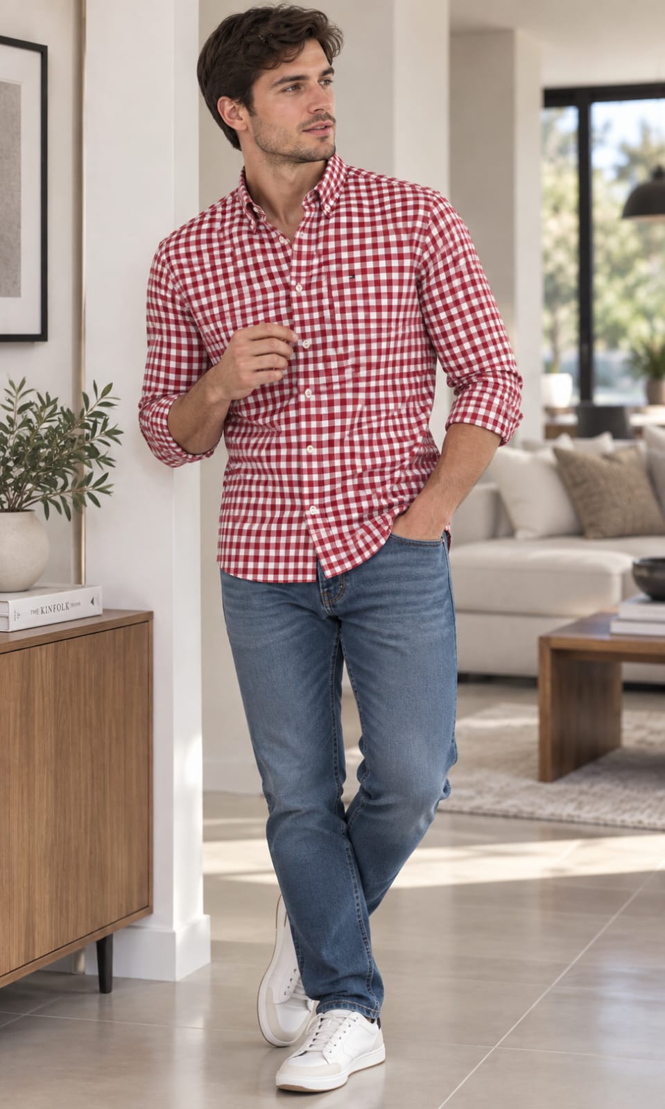 Camisa de Hombre Manga Larga a Cuadros Rojo y Blanco Tommy Hilfiger