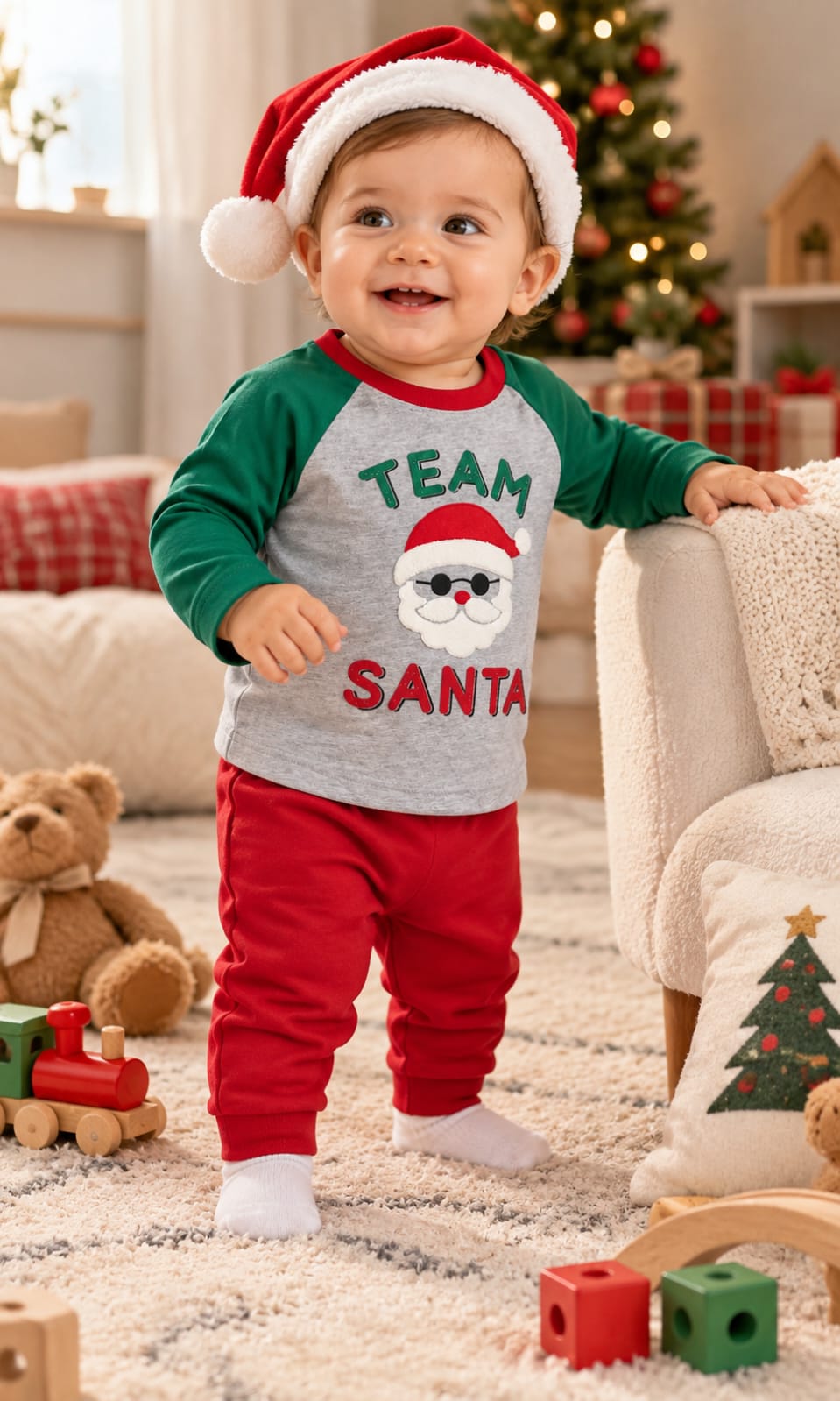 Playera de manga larga para bebé de 12 meses en gris, verde y rojo