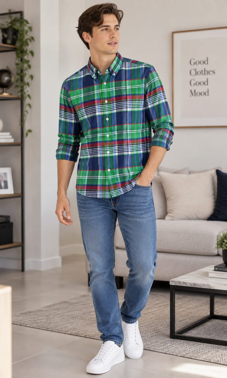 Camisa Para Hombre Color Verde Y Azul Cuadros Tommy Hilfiger