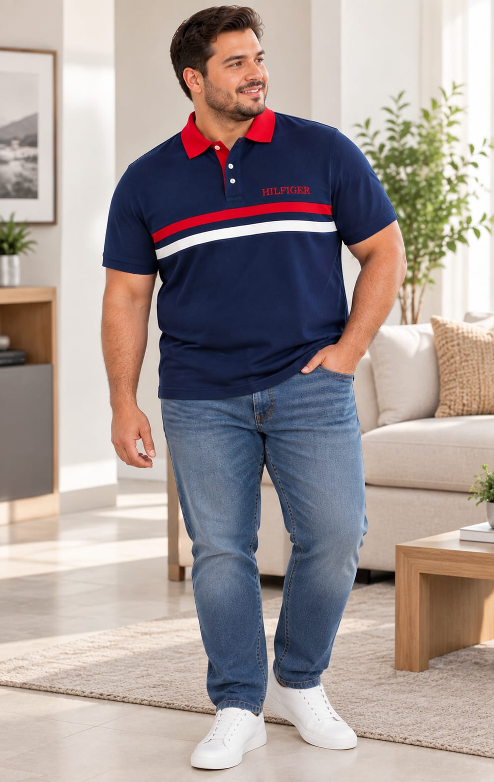 Playera para Hombre Azul Marino con Franjas Rojo y Blanco Tommy Hilfiger