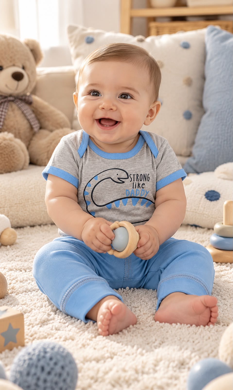 Conjunto de 7 piezas para bebé 6-9 meses azul claro, gris y blanco