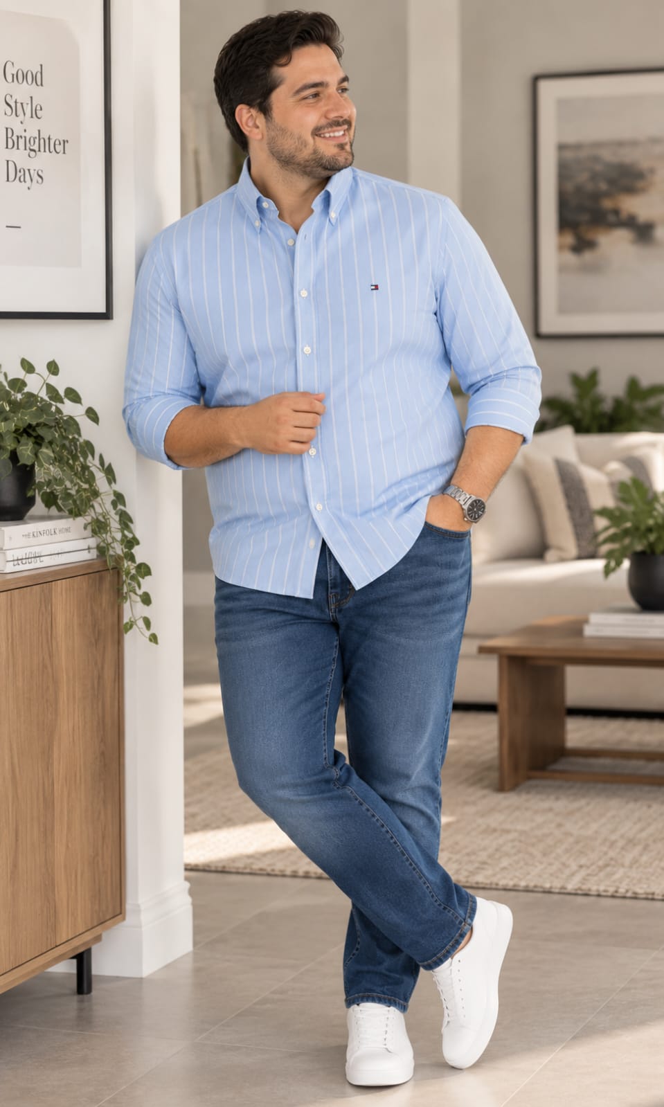 Camisa de Hombre Manga Larga Azul Cielo con Rayas Blancas Tommy Hilfiger