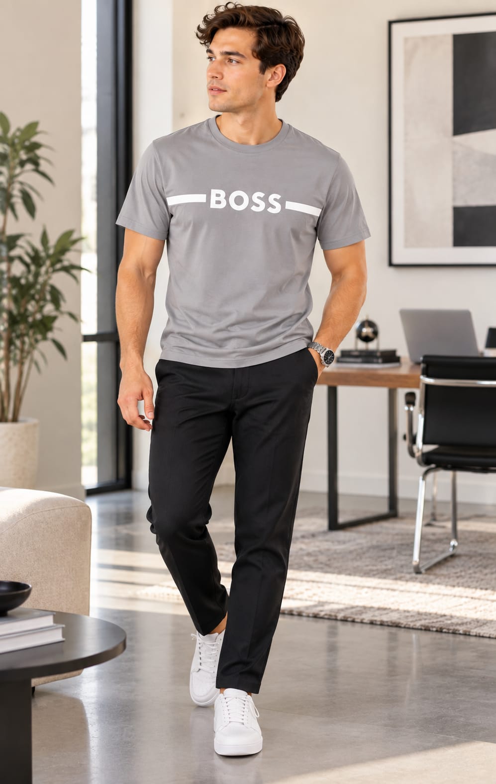 Playera BOSS para Hombre Gris de Manga Corta