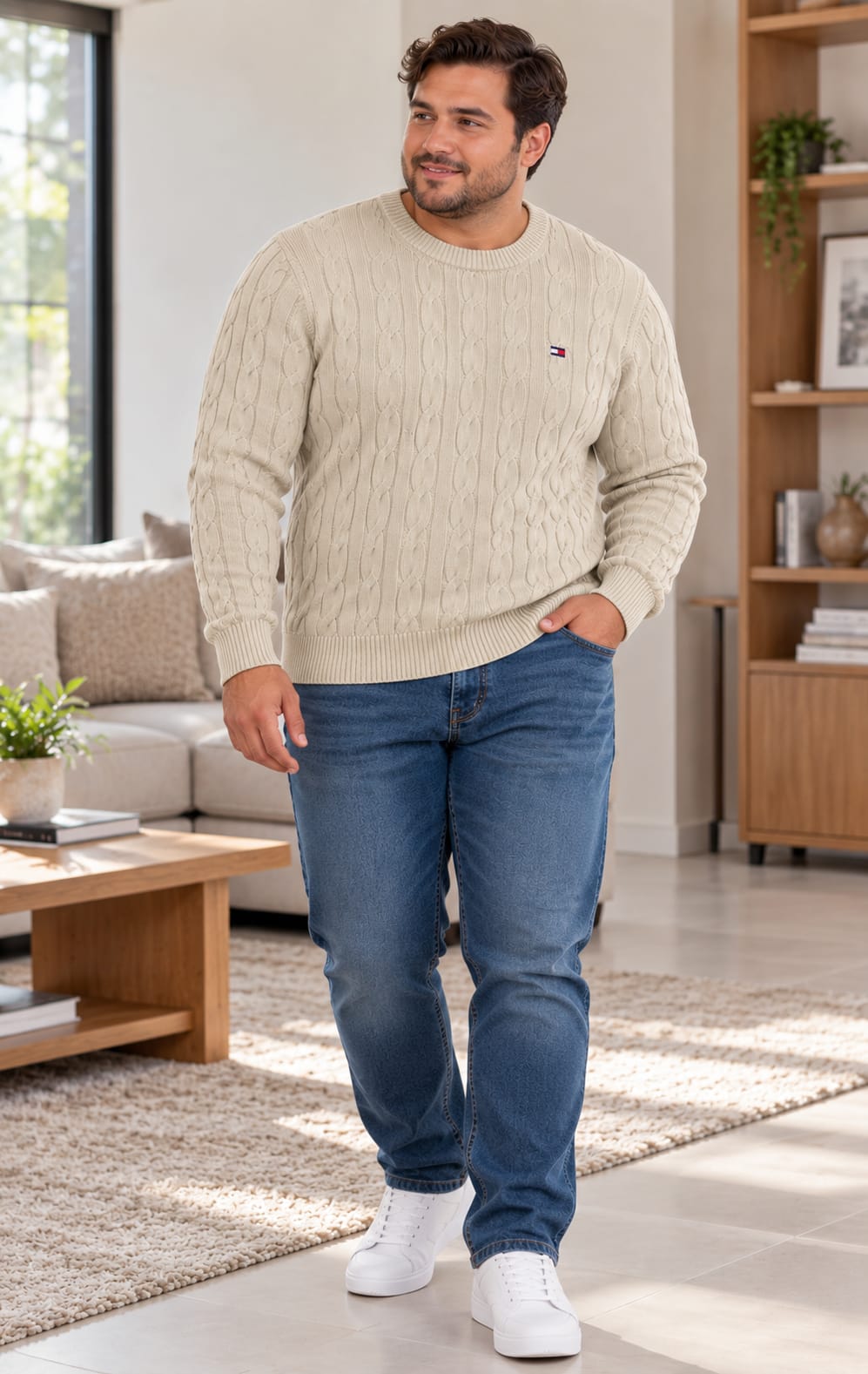 Suéter para Hombre Beige con Tejido Trenzado Tommy Hilfiger
