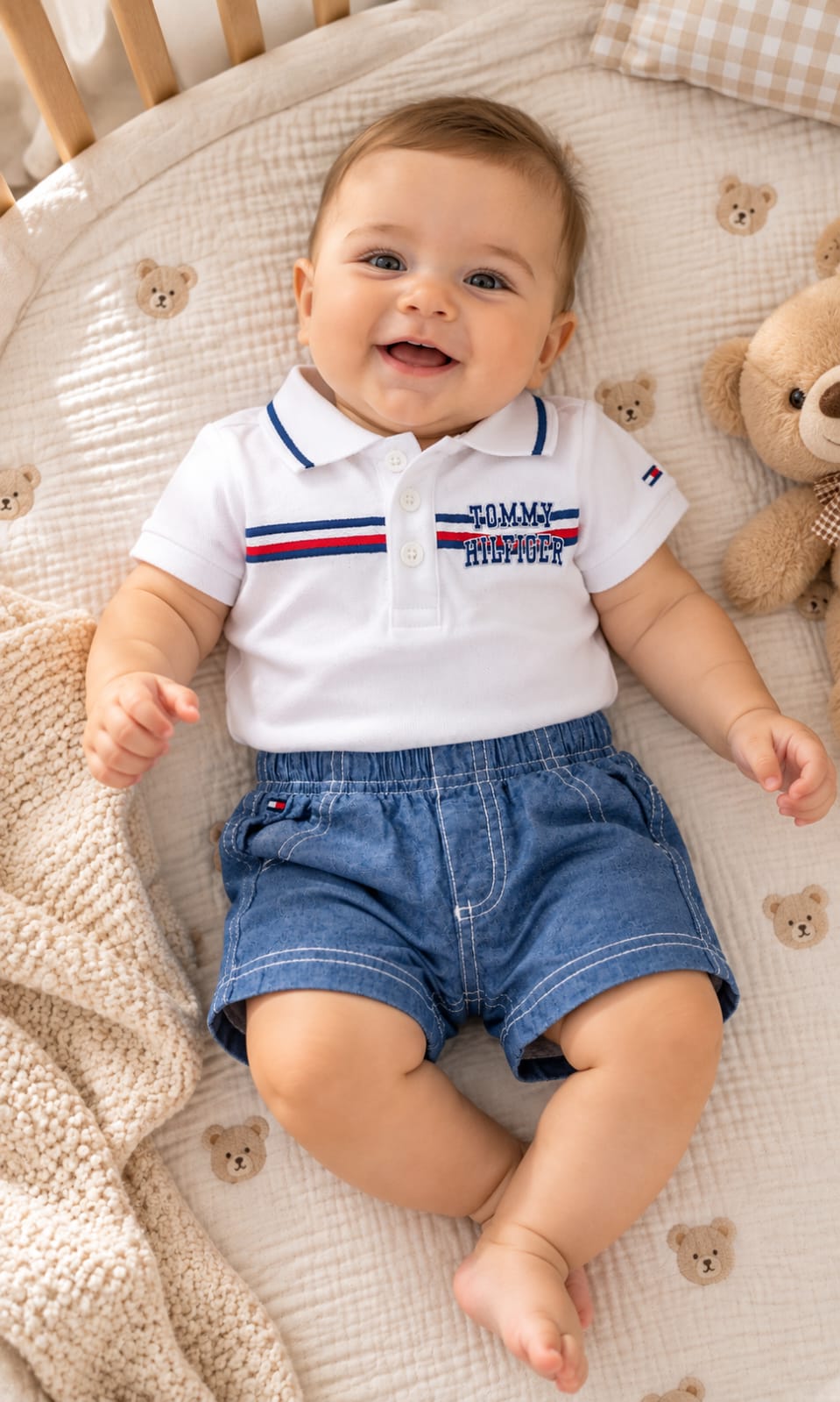 Conjunto Tommy Hilfiger de pañalero y short para bebé 6-9 meses color blanco y azul