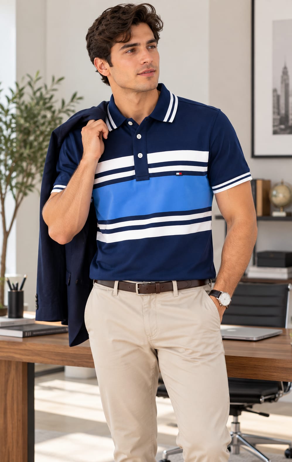 Playera para Hombre Azul Marino con Franjas Azul Claro y Blancas