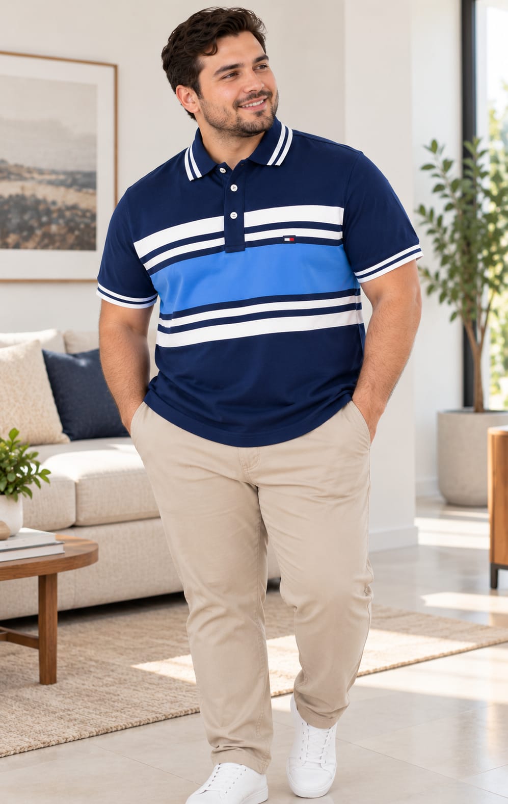 Playera para Hombre Azul Marino con Franjas Azul Claro y Blancas