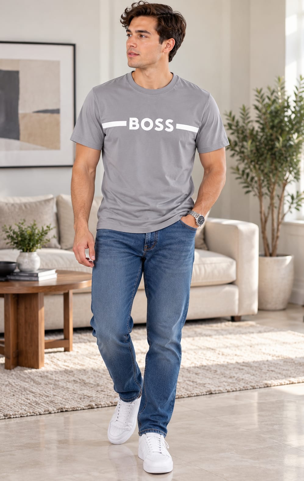 Playera BOSS para Hombre Gris de Manga Corta