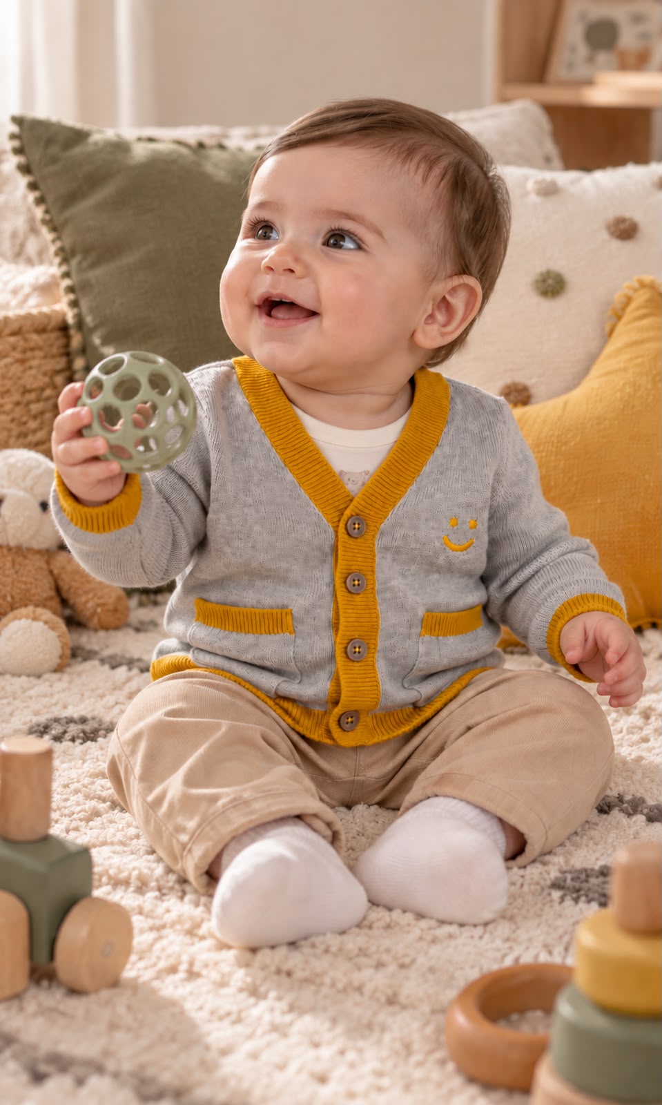 Suéter tipo cárdigan First Impressions para bebé 6-9 meses gris con amarillo