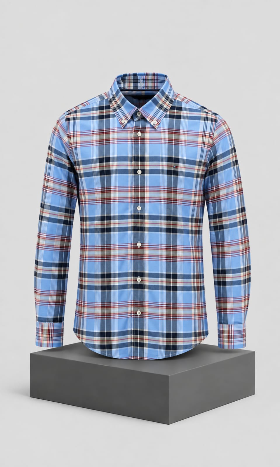 Camisa de Hombre a Cuadros Azul Claro, Blanco y Rojo Manga Larga Tommy Hilfiger