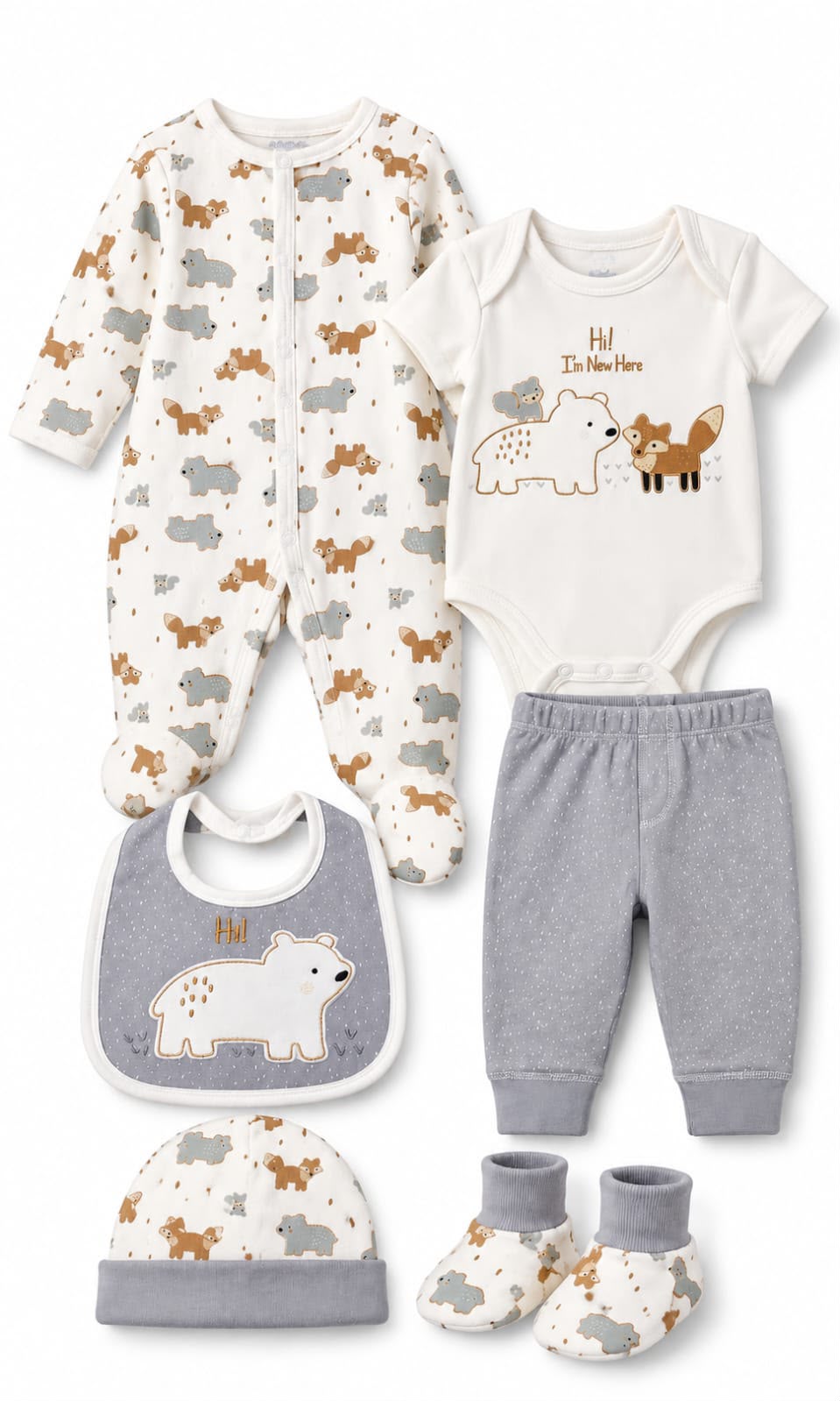 Conjunto de 7 piezas para bebé 6-9 meses blanco, gris y café