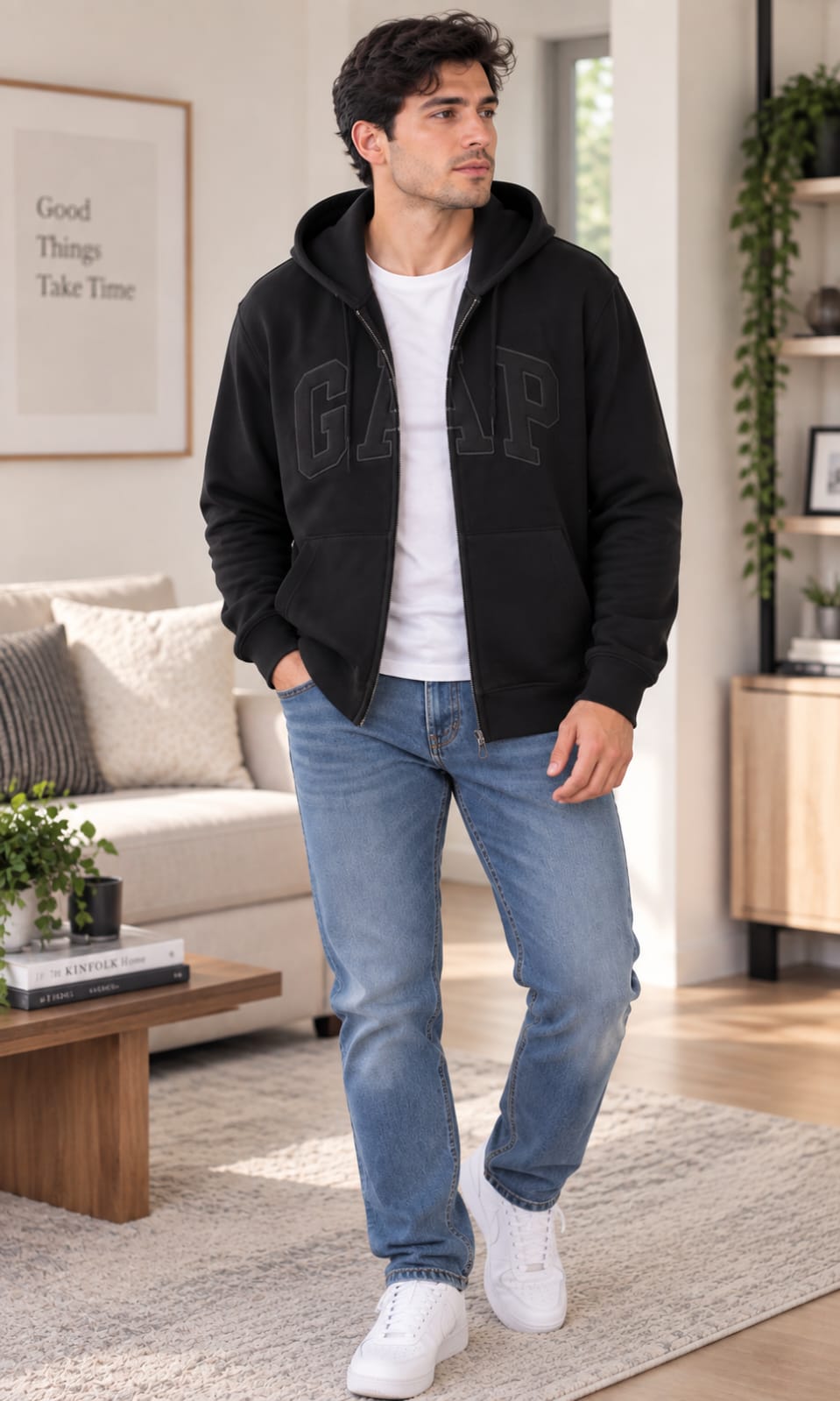Sudadera GAP para Hombre Negra con Capucha y Cierre Frontal